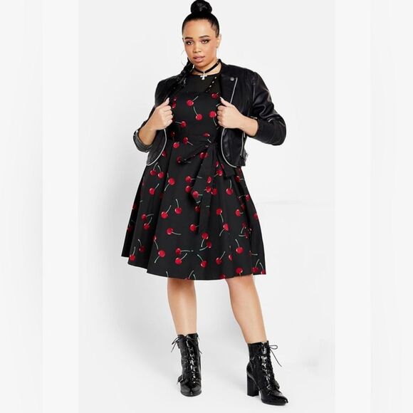 City Chic Molly Cherry Print Fit and Flare Sleeveless Dress Black Red 22 XL NWT - Picture 5 of 15